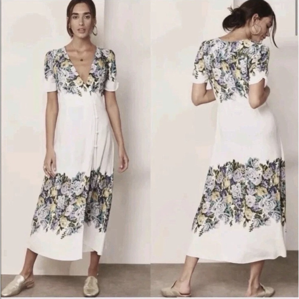 Free People XS Jamie Maxi Wrap Dress Floral White Blue Button Up Boho Indie
